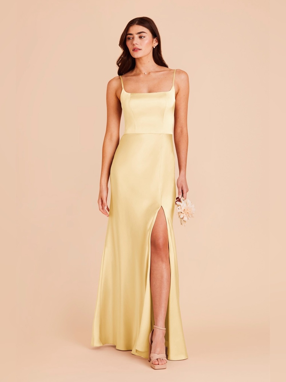 Birdy Grey Mai Gown Matte Satin Square Fitted Sleeveless Slit Maxi Dress Yellow